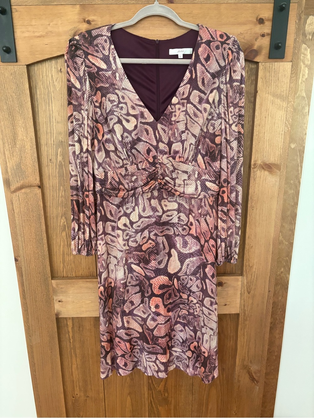 Twist-Waist Long Sleeve V-Neck Dress in Plum & Peach